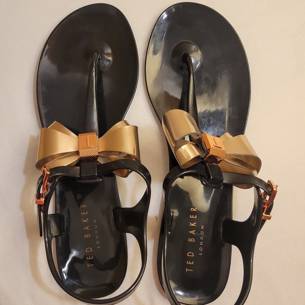 Ted Baker Gold and Black Sandals with Metallic Bow